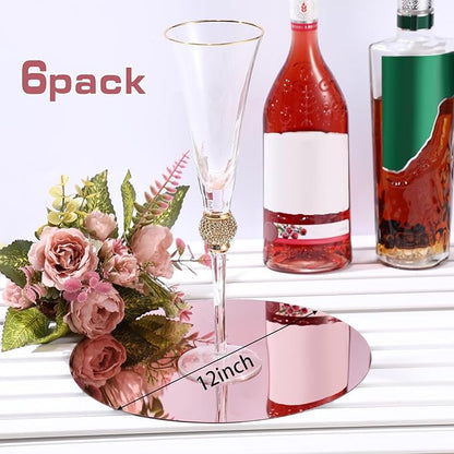 Thyle 6 Pcs 12 Inch Acrylic Round Mirror for Table Centerpieces Circle Mirror Candle Plates for Wall Wedding Table Centerpieces for Christmas Party Decor, Thickness 1 mm (Rose Gold)