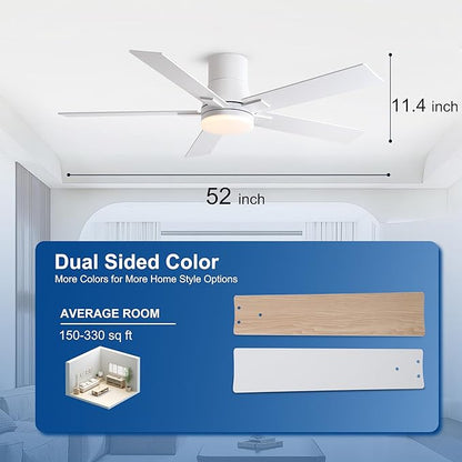 52 Inch Ceiling Fans with Lights and Remote,Flush Mount White Ceiling Fan with 5 Blades,6 Speed Reversible DC Motor,3CCT Dimmable LED-Low Profile Design for Bedroom, Living room & Covered Outdoor