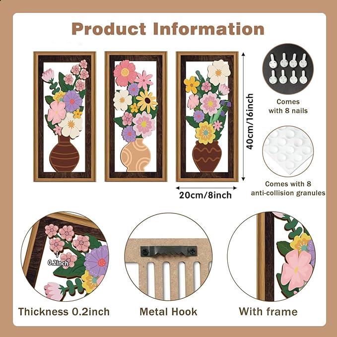 Celestdeco 3 Pcs Boho Flower Wall Decor,Boho Flower Wood Wall Art,Bohemian Floral Artwork Wooden,Pink Wildflower Wood Art Set,Flowers Potted Plant Bohemian Artwork for Living Room Bedroom Office