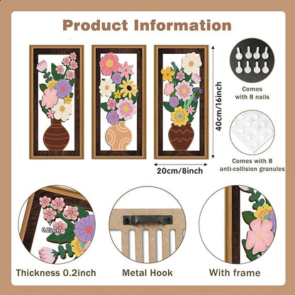 Celestdeco 3 Pcs Boho Flower Wall Decor,Boho Flower Wood Wall Art,Bohemian Floral Artwork Wooden,Pink Wildflower Wood Art Set,Flowers Potted Plant Bohemian Artwork for Living Room Bedroom Office