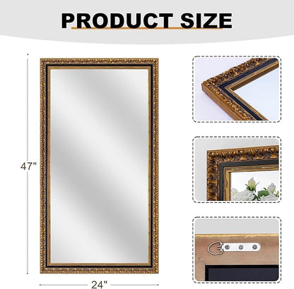 Chende Vintage Mirrors Wall Decorative, 47''x24'' Black Gold Narrow Mirror for Bathroom Vanity with Wooden Frame, Rectangle Ornate Mirror for Living Room, Entryway, Dining Room