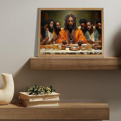Framed Modern Black Jesus Canvas Wall Art African American The Last Supper Painting Picture Wall Decor Black Man Christian Poster Print Artwork for Kitchen Dining Living Room Bedroom Home Decor16x24in