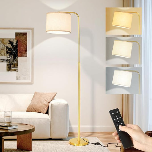 Floor Lamp for Living Room and Bedroom - Modern Standing Lamps Tall with Dimmable LED Bulb and Remote Control - Black Stand Arc Light With Shade for Reading Home Decor Corner and office（Gold）