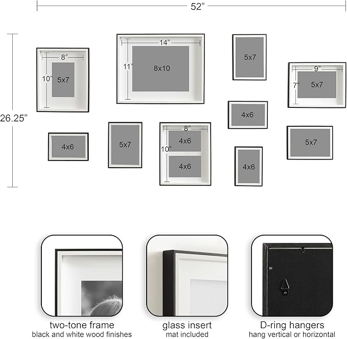 Kate and Laurel Gibson Transitional Picture Frame Set; Set Of 10; Varying Sizes; Black and White; Two-Tone Wall Frame Set Collection with Hanging Template for Gallery Wall Picture Frame Display