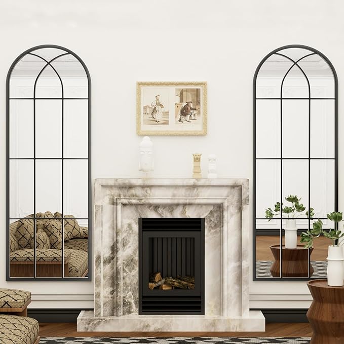 Dewfig 65"x 22" Arched Window pane Full Length Mirror, Wall Mirror, Floor Standing Mirrors, Farmhouse Long Full Body Mirrors Wall Mounted for Living Room, Bedroom, Entryway, Fireplace, Black