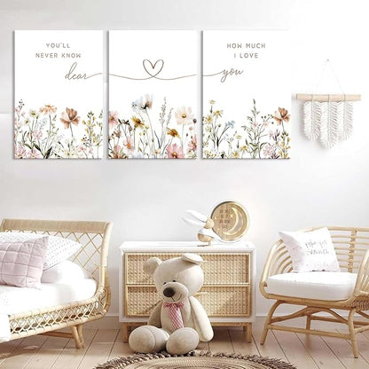 3Pcs Wildflower Nursery Canvas Wall Art Flower Botanical Sentence Poster Painting Picture Wall Decor Boho Girl Nurseries Print Artwork for Nursery Baby Room Living Room Bedroom Home Decoration16x24in