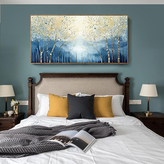 Extra Framed Modern Living Room Wall Art. Abstract Landscape Canvas Print Picture, Blue And Yellow Plant And Forest Artwork For Offices, Studies, Bedrooms, Dining Rooms, And Lounges. 58X29 Inches.