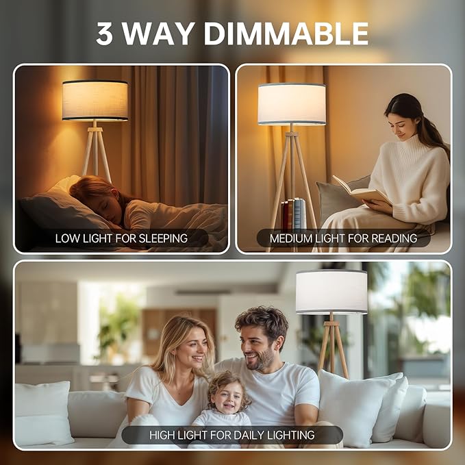 EOEYYOYB Floor Lamp with 3 Light Modes Adjustable– Wood Tripod Floor Lamp Modern LED Standing Lamp with Dimmable Brightness, Perfect for Living Room, Bedroom, and Office, Burlywood