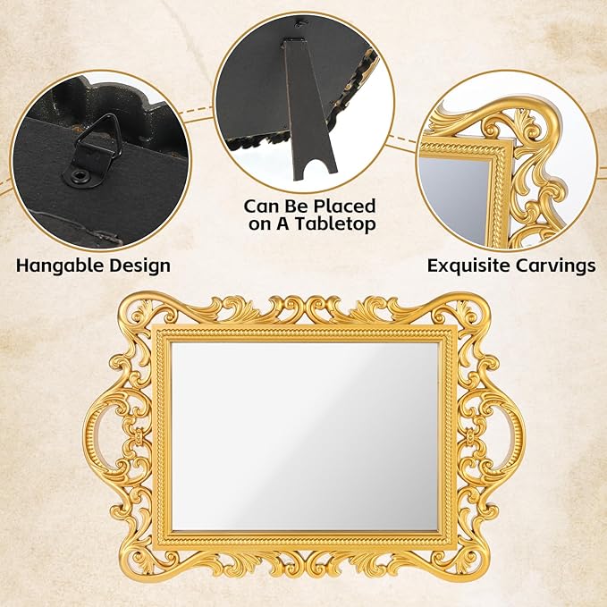 YEXEXINM 3 Styles Vintage Gold Mirror Set Decorative Antique Mirrors for Wall Hanging Vanity Table Mirrors with Stand Resin Frame Retro Mirror for Living Room, Bedroom, Dresser & Photography Decor