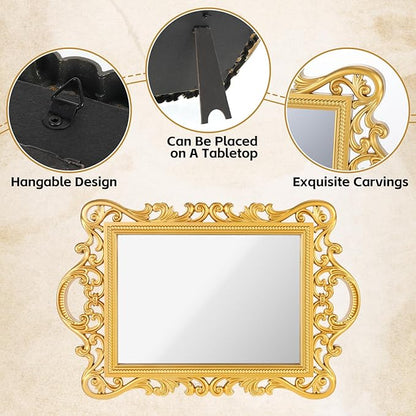 YEXEXINM 3 Styles Vintage Gold Mirror Set Decorative Antique Mirrors for Wall Hanging Vanity Table Mirrors with Stand Resin Frame Retro Mirror for Living Room, Bedroom, Dresser & Photography Decor