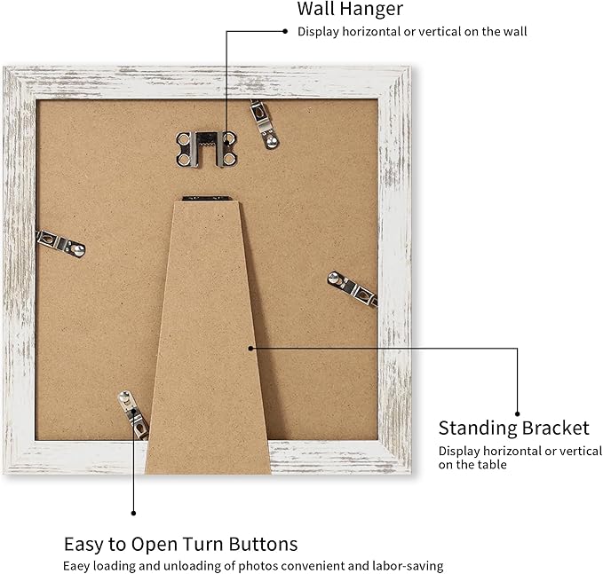 iRahmen 8x8 Picture Frame with Mat 6x6 - High Definition Real Glass Wooden Photo Frames for Tabletop Display and Wall Mounting (Distressed-White, Set of 2)