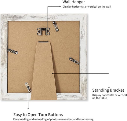 iRahmen 8x8 Picture Frame with Mat 6x6 - High Definition Real Glass Wooden Photo Frames for Tabletop Display and Wall Mounting (Distressed-White, Set of 2)