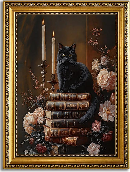 YD&YZY Gold Framed Moody Wall Art Vintage Canvas Dark Academia Victorian Black Cat Book Floral Wall Decor Gothic Aesthetics Painting Picture Print Artwork for Bedroom Bathroom 12x16 inch Framed
