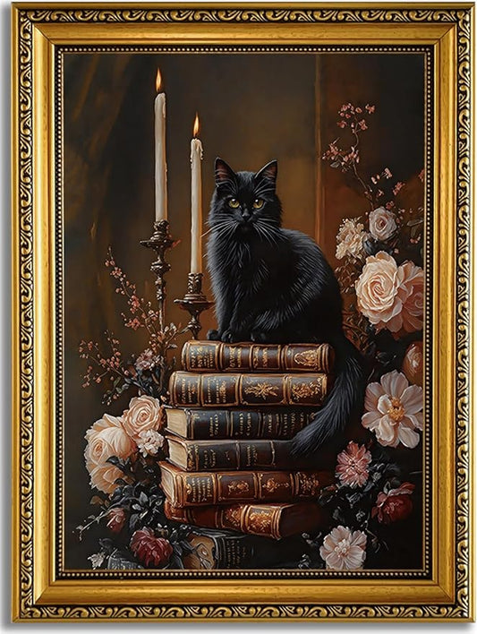 YD&YZY Gold Framed Moody Wall Art Vintage Canvas Dark Academia Victorian Black Cat Book Floral Wall Decor Gothic Aesthetics Painting Picture Print Artwork for Bedroom Bathroom 12x16 inch Framed