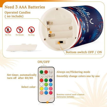 ALAZA American Flag 4th July Happy Independence Day Flickering Flameless Candles Battery Operated Remote Timer,Tea Light Candles LED Pillar Votive Candles Set of 2 for Indoor Decorations