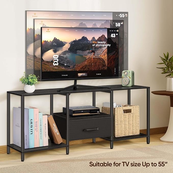 LIANTRAL Black Bedroom TV Stand with Storage Cabinet up to 50 inch TV, Small TV Console Table with Power Outlets 45 inch Media Entertainment Center for Living Room Bedroom (Black)