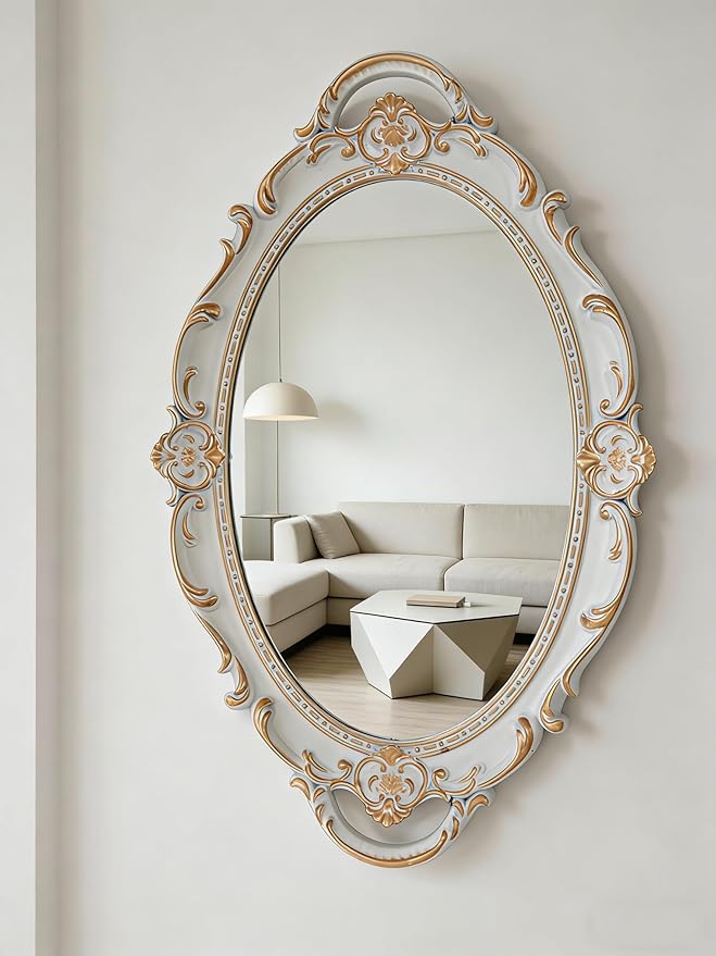 Vintage Oval Resin Wall Mirror, Wall-Mounted Decorative Mirror, Vanity Tray for Entryway, Corridor, Bedroom, Living Room Dressing Table (White Gold 15X10 Inch)