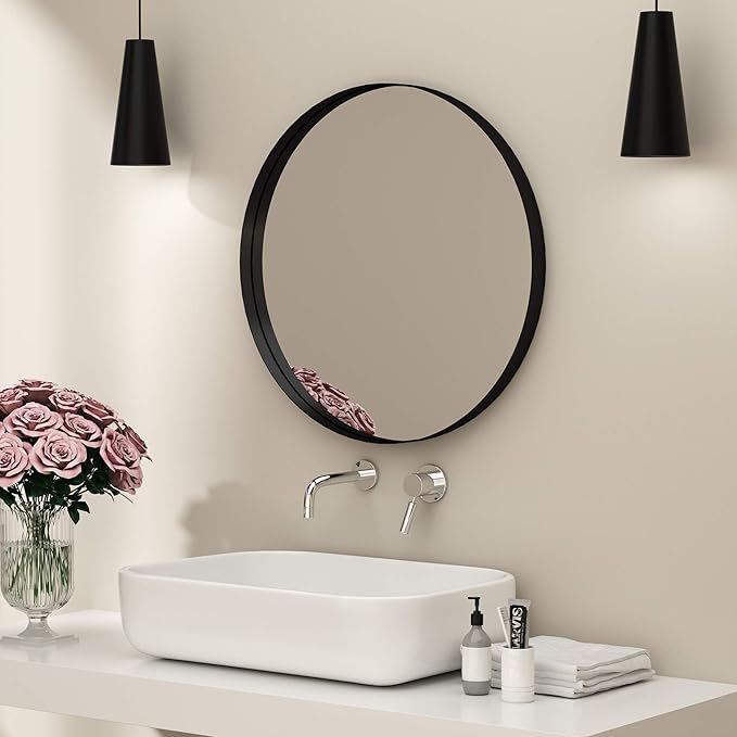 LYYYXGYP Black Round Wall Mirror for Bathroom 30x30 Inches Stainless Steel Metal Frame Mirror for Wall Hanging Wall Mounted Mirror