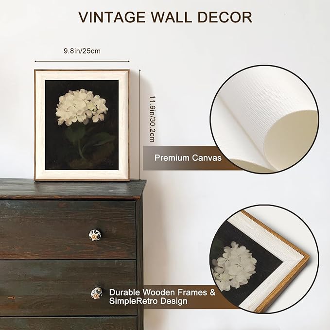Framed Flower Wall Art, Vintage White Hydrangea Still Life Floral Art Prints, Moody Vintage Canvas Oil Painting, Antique Botanical Floral Wall Decor Pictures for Bedroom, Kitchen, Shelf, Bathroom Wall Decor - 10x12Inch
