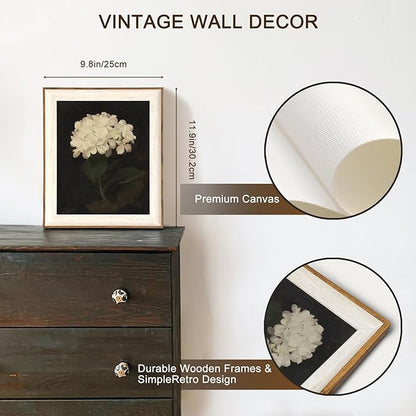 Framed Flower Wall Art, Vintage White Hydrangea Still Life Floral Art Prints, Moody Vintage Canvas Oil Painting, Antique Botanical Floral Wall Decor Pictures for Bedroom, Kitchen, Shelf, Bathroom Wall Decor - 10x12Inch
