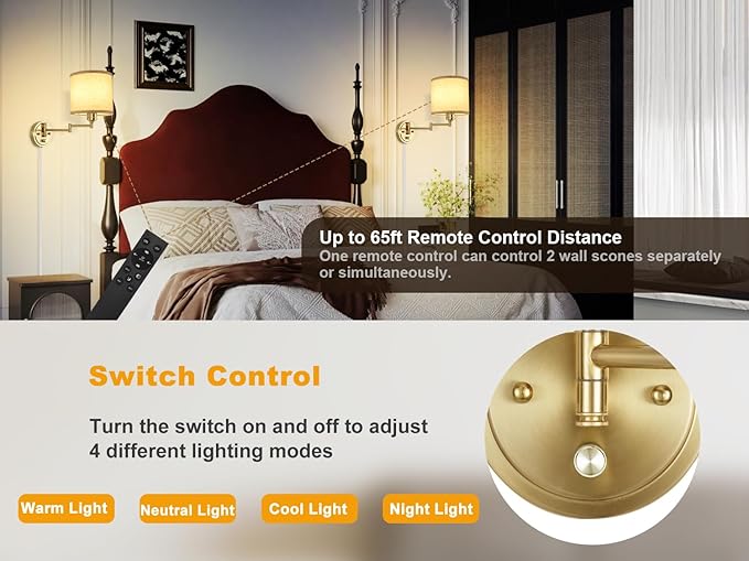 GOODATE Plug in Wall Sconces with Remote Control, Dimming & Adjustable Colors 2700K-6500K, Hardwire or Plug-in, Swing Arm Wall Lamp with Linen Fabric Shade, Wall Sconces Set of Two, Gold Finish