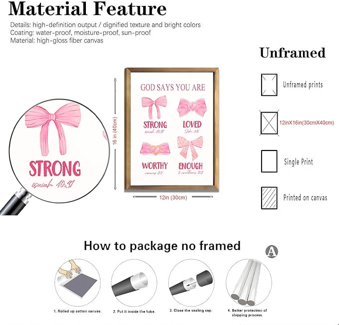 JBZDD Christian Pink Bow Wall Art Posters Set of 3 Unframed Inspirational Bible Verse Quotes Prints for Girls Room College Dorm Bathroom Bedroom Living Room Decor 12x16in
