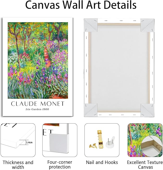 WENGTIAO Claude Monet Canvas Wall Art Prints Monet Iris Garden Landscape Oil Paintings Vintage Impressionist Reproduction Posters Pictures Classic Water Lilies Artwork for Living Room Bedroom 16x24x3