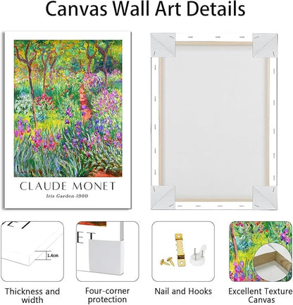 WENGTIAO Claude Monet Canvas Wall Art Prints Monet Iris Garden Landscape Oil Paintings Vintage Impressionist Reproduction Posters Pictures Classic Water Lilies Artwork for Living Room Bedroom 16x24x3