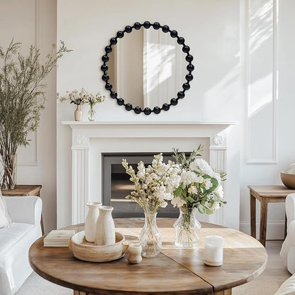 Round Black Mirror 24'', Spherical Frame Round Beaded Mirror for Wall Decor Large Circle Mirror for Bathroom, Dining Roon, Bed Room, Entryway