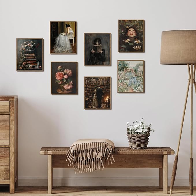 WALLZK Vintage Framed Wall Art Floral Books Canvas Prints Library Antique Literary Retro Decor Botanical Pictures Artwork for Walls Living Room Study Bedroom Bathroom 8"x10"
