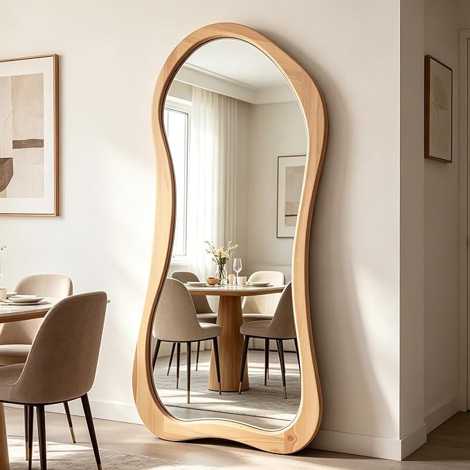 Large Irregular Mirror, 67"x31.5" Asymmetrical Full Body Mirrors with Solid Wood Frame, Premium Organic Aesthetic Floor Mirror for Living Room Entryway Hallway Cloakroom, Leaning/Hanging