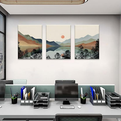 Bwodke Canvas Wall Art Framed Mountain Wall Art Set of 3 Boho Watercolor Nature Landscape Picture Decor Sun Forest Abstract Prints Artwork Painting for Living Room Bedroom Office 16"x24"