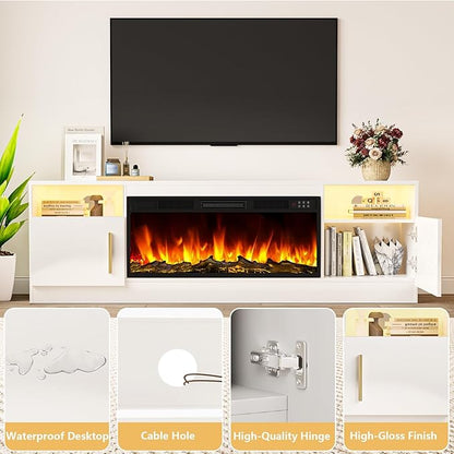TAVATA Fireplace TV Stand Entertainment Center with 36" Fireplace, 70" Wooden TV Stand for TVs Up to 80", Media TV Console with High Gloss Storage Cabinet and 16 Colors LED Lights (White)