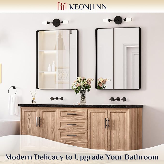Keonjinn Black Bathroom Mirror for Over Sink, 28 x 36 Inch Rounded Rectangle Bathroom Vanity Mirror, Matte Black Sandblasted Finish, HD Tempered Glass, Wall Mirrors with Seamless Aluminum Alloy Frame