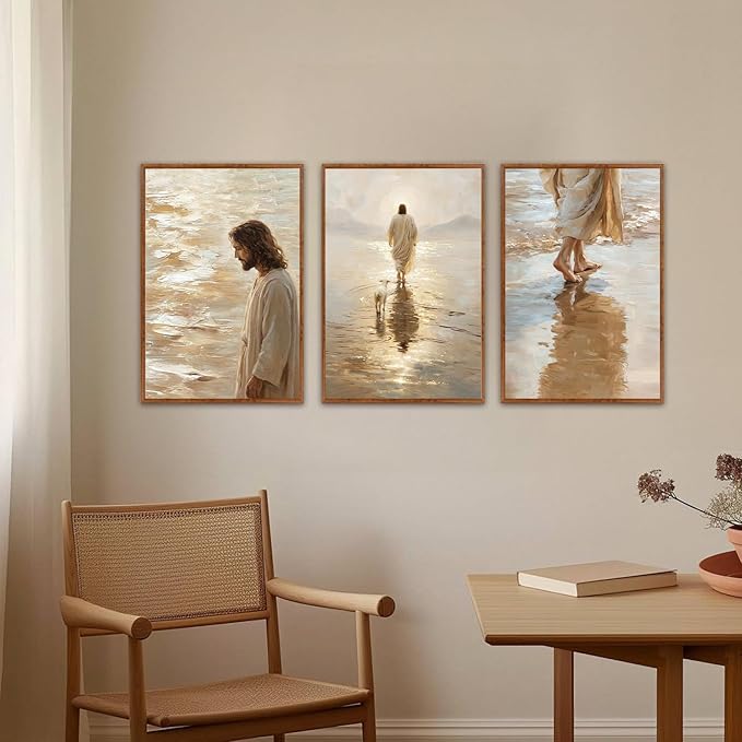 KAlRNE Jesus Walking On Water Wall Art Set of 3(24”X36”),Christian Bible Wall Decor,Neutral Spiritual Gold Framed Canvas Paintings,Lost Sheep Art Prints For Living Room Bedroom Church Office