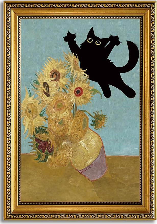 YD&YZY Gold Framed Funny Cat Wall Art Canvas Vintage Black Cat Wall Decor Van Gogh Sunflower Cute Animal Room Aesthetic Print Painting Picture Poster For Home Bedroom Dorm 16x24 inch Framed