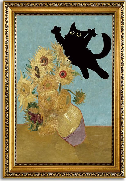 YD&YZY Gold Framed Funny Cat Wall Art Canvas Vintage Black Cat Wall Decor Van Gogh Sunflower Cute Animal Room Aesthetic Print Painting Picture Poster For Home Bedroom Dorm 16x24 inch Framed