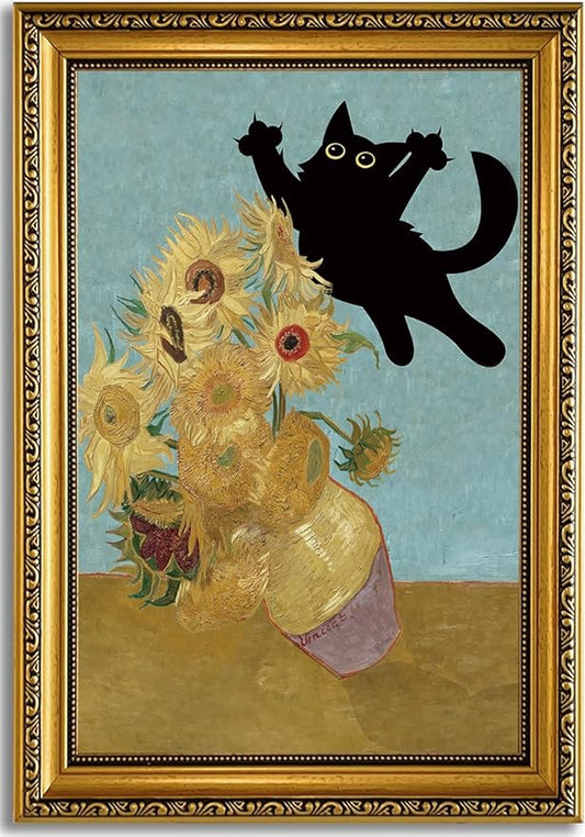 YD&YZY Gold Framed Funny Cat Wall Art Canvas Vintage Black Cat Wall Decor Van Gogh Sunflower Cute Animal Room Aesthetic Print Painting Picture Poster For Home Bedroom Dorm 16x24 inch Framed