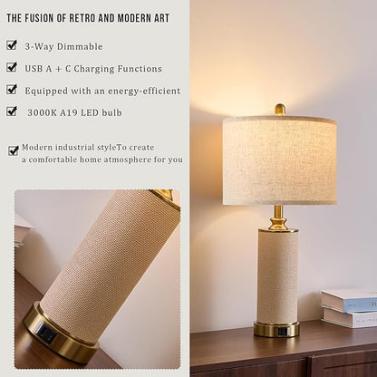 25.5"Boho Weaving Gold Large Table Lamps set of 2, Touch Control 3-Way Dimmable Farmhouse Bedside Lamps with Beige Lamp Shades & USB A+C Charging Ports for Living Room/Bedroom (2 LED Bulbs Included)