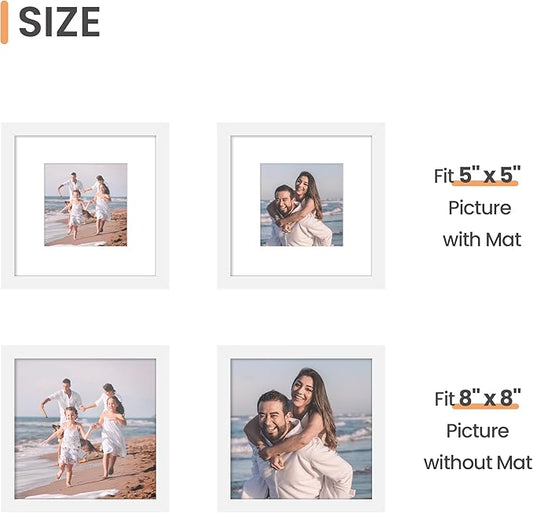 upsimples 8x8 Picture Frame Made of High Definition Glass, Display Pictures 5x5 with Mat or 8x8 Without Mat, Gallery Wall Frame Set, White