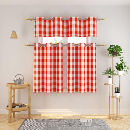 3 Pc Cotton Classic Country Farmhouse Kitchen Window Curtain Grommet Top -Red & White Buffalo Check Tier & Valance Set, 54" x 18" / 32" x 24"
