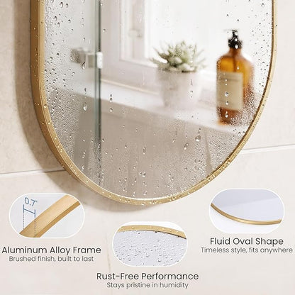 Sweetcrispy 20" x 30" Gold Bathroom Mirror for Wall, Oval Wall Mirror with Metal Frame, Tempered Glass, Modern Vanity Mirror for Over Sink, Living Room, Bedroom, Entryway, Horizontal or Vertical