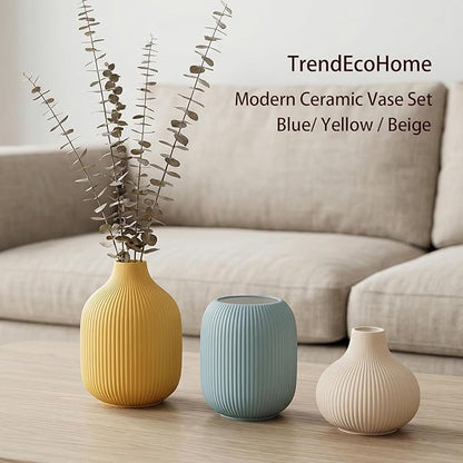 Colorful Small Ceramic Vases Set of 3, Matte Vertical Ribbed, Minimalist for Pampas Dried & Fresh Flowers, Centerpiece for Living Room,Shelf, Wedding (Light Blue, Mustard Yellow, Beige)