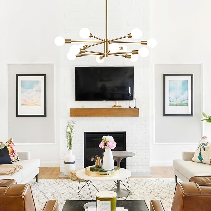10.9"-52.3" Height Adjustable Sputnik Chandeliers Dining Room Light Fixture (12-Light, 33-Inch), Modern Brushed Brass Chandelier, Mid Century Modern Chandeliers for Dining Room (Bulbs not Included)