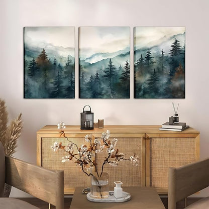 AKWISH Framed Green Forest Canvas Wall Art Set of 3, Boho Misty Watercolor Pine Tree Wall Decor Art, Nature Scenery Foggy Mountain Posters Prints for Living Room, Bedroom, Office 16x24 In