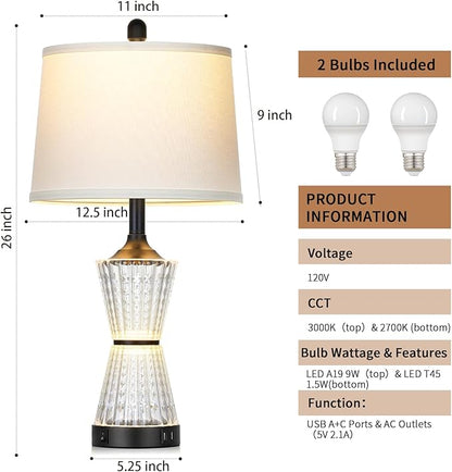 Modern Table Lamps for Living Room, 26" Tall Black Table Lamp with 2 Textured LED Night Light, 2 USB Charging Port & AC Outlet, Bedside Lamps for Bedroom Nightstands End Table Office, 2 Bulbs Included