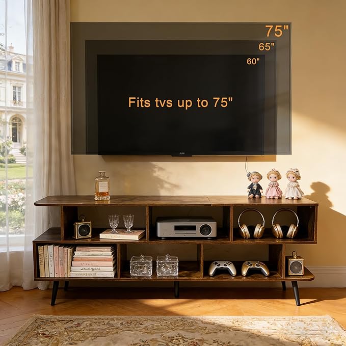 Lightdot 65 Inch TV Stand, up to 75 Inch TVs, Large Storage for Collection with 8 Open Shelves, Sturdy Media Console Table for Living Room/Entrance/Kitchen/Sofa Cabinet, Easy Assembly, Amber