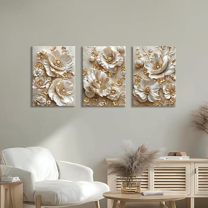 3 Pcs Modern Beige Gold Peony Floral Canvas Wall Art, Neutral Elegant 3d Beige Flowers Wall Painting White Blooming Floral Pictures Posters Art Print Home Decor for Bedroom Living Room Office 16x24x3