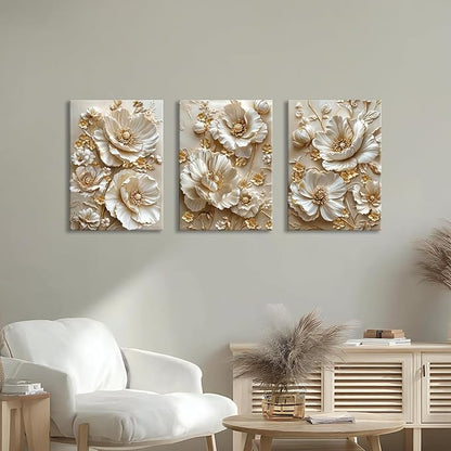 3 Pcs Modern Beige Gold Peony Floral Canvas Wall Art, Neutral Elegant 3d Beige Flowers Wall Painting White Blooming Floral Pictures Posters Art Print Home Decor for Bedroom Living Room Office 16x24x3