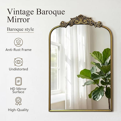 Gold Baroque Vintage Mirror for Vanity 24x16Inch Gold Antique with Ornate Frame, Arched Vintage Wall for Bathroom, Living Room, Fireplace, Entryway (Golden (Arched 7), 24"L x 16"W（Vertical ）)